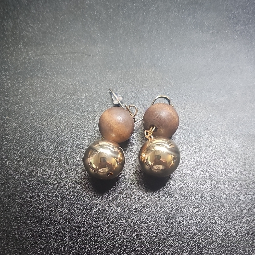 Gold and Brown Two-Bead Drop Earrings — Women's Fashion Jewelry